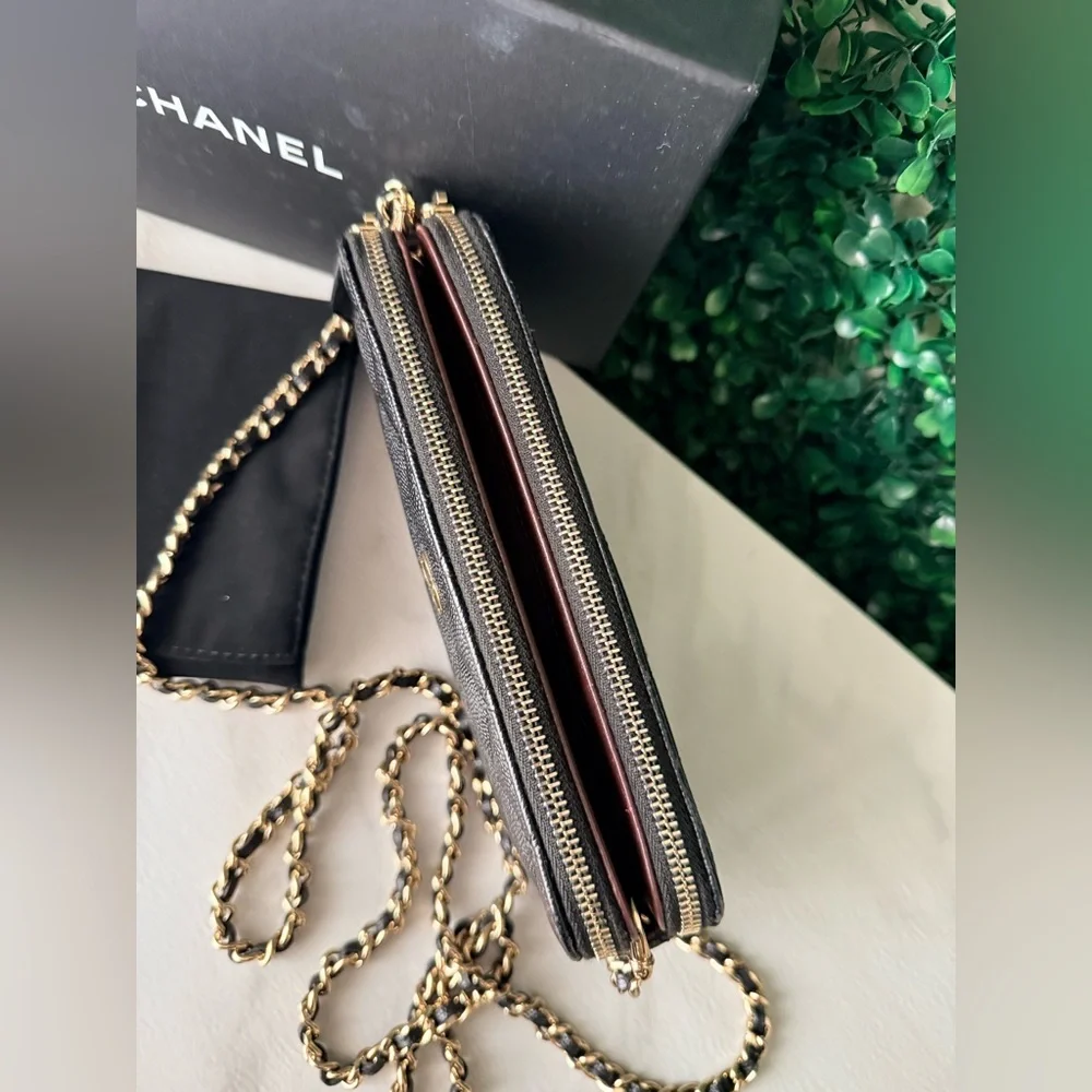 Chanel Black Caviar Quilted Double Zip Clutch with Chain Crossbody Bag Authentic